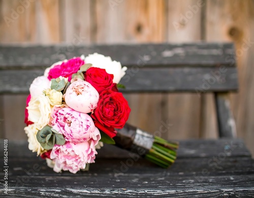 Vibrant floral bouquet on weathered wooden bench