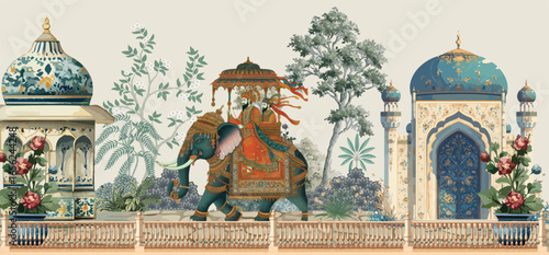 Traditional Mughal Wall Mural Illustration, Mughal Garden Wallpaper, Dome, Wedding Wall Mural, Elephant, Watercolor Background.