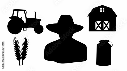 Silhouette of a farmer with tractor wheat barn and milk can depicting agricultural farm life and harvest scene