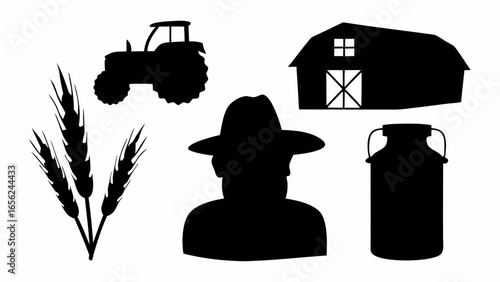 Black silhouette of a farmer with wheat, tractor, barn and milk can on a white background illustration