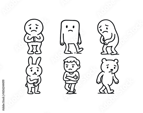 hand drawn cute doodle ink line art style line monochrome monochrome isolated on white background uneasy stance (actions): fidgeting shifting leaning gripping crossing pacing