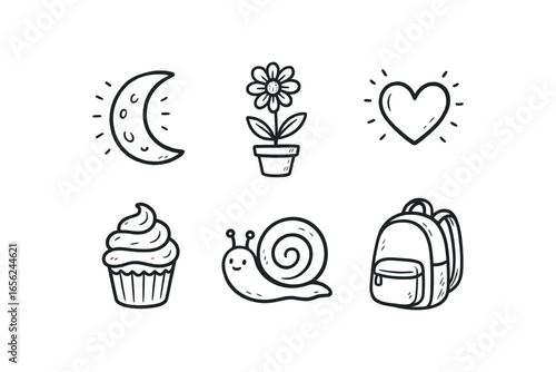 hand drawn cute doodle ink line art style line monochrome monochrome isolated on white background moon shimmer (effects): glowing softening dimming brightening coloring reflecting