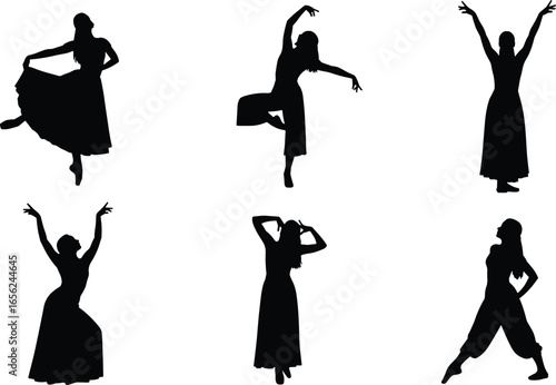 Female dancer silhouettes, elegant dance poses, expressive movement vector, black illustration, performing arts icon, graceful woman, cultural dance graphic