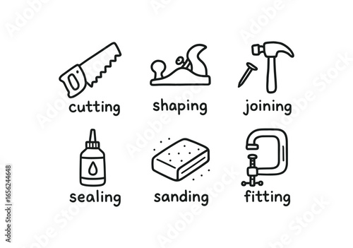 hand drawn cute doodle ink line art style line monochrome monochrome isolated on white background canoe deck builder (tasks): cutting shaping joining sealing sanding fitting