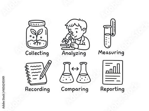 hand drawn cute doodle ink line art style line monochrome monochrome isolated on white background biogeochemist (tasks): collecting analyzing measuring recording comparing reporting