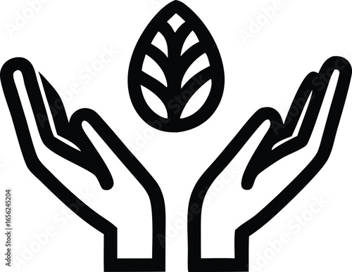 Symbolic illustration of cupped hands gently holding a stylized leaf representing care growth and environmental protection