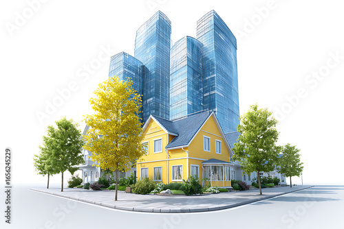Modern yellow house with vibrant trees and skyscrapers, representing urban and suburban living together