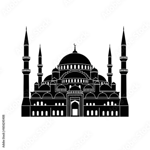 Silhouette of a grand mosque, architectural detail, Islamic design, religious building.