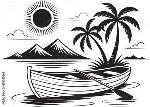 Traditional Row Boat with Palm Trees and Mountain Landscape Vector Illustration, Boat with palm trees vector, Tropical seascape illustration, Mountain beach landscape, Rowboat silhouette artwork