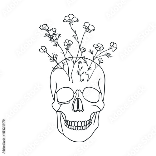 Artistic skull design with flowers growing from the top
