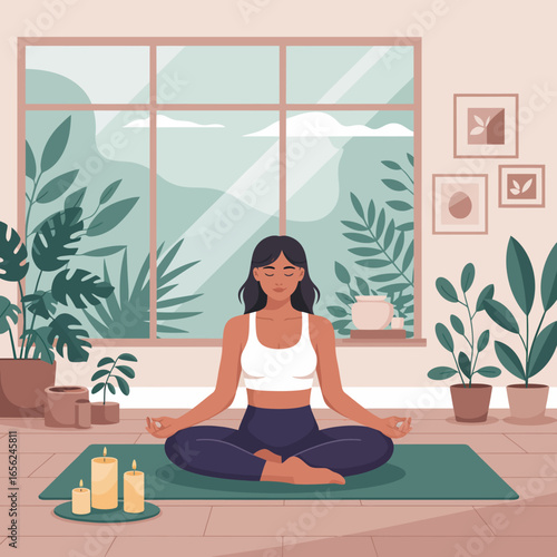 Serene Female in Yoga Pose  Peaceful Wellness Meditation Scene with Candles, Plants, and Soft Natural Light, Perfect for Blogs & Product Design