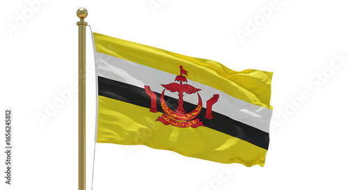 Flag of Brunei waving on flagpole isolated on white background, national symbol of Brunei Darussalam, perfect for educational and cultural projects