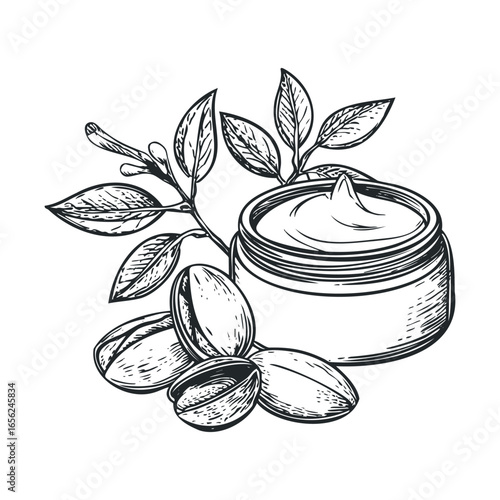 Natural pistachio cream with nuts and leaves for healthy snacks