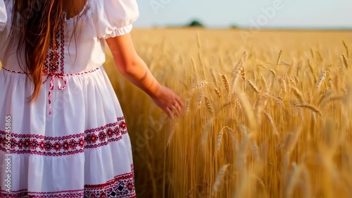Womans Hand Touching Wheat Field with Summer Sunlight.