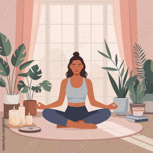 Serene Female in Yoga Pose  Peaceful Wellness Meditation Scene with Candles, Plants, and Soft Natural Light, Perfect for Blogs & Product Design