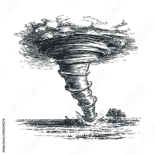 Tornado formation in a rural landscape during a storm event