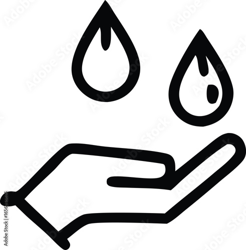 Simple hand drawn icon illustrating water droplets falling onto an open palm symbolizing hydration or washing