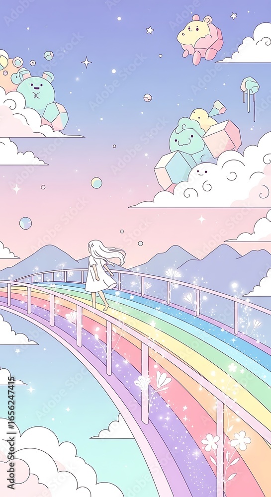 Fototapeta premium Pastel rainbow bridge sky clouds girl stars dreamy cute kawaii artwork
