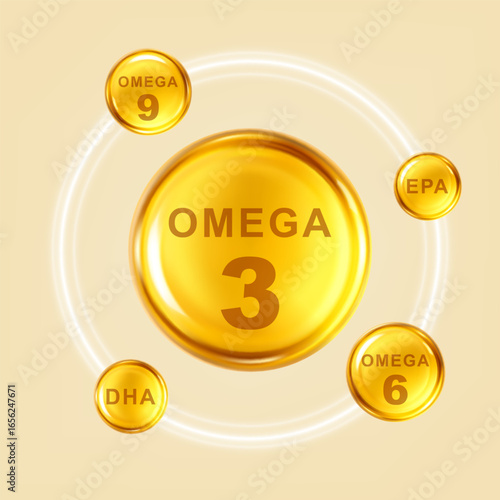 Golden capsules with Omega 3, 6, 9, DHA, EPA. Vector illustration for cosmetics, nutrition or supplement design.
