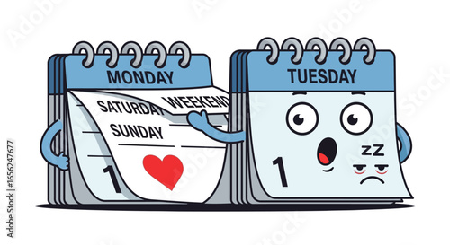Cute Calendar Characters Monday Weekend Love Tuesday Tired Illustration