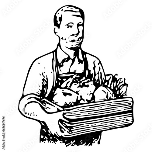 Male Grocer Holding Vegetable Crate Engraving
