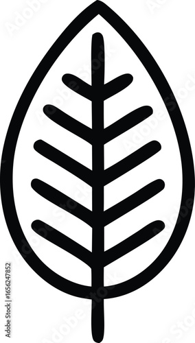 A stylized black and white illustration of a simple leaf with a prominent central vein and radiating veins enclosed within a circular outline