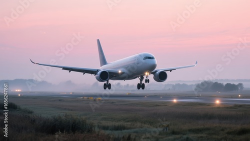 Wallpaper Mural Commercial Passenger Airplane Landing on Runway at Sunset with Pink Sky Torontodigital.ca