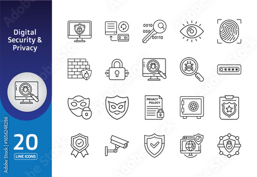 Digital security & privacy vector illustration icon set contains fingerprint, padlock, shield