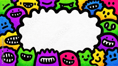 Colorful cartoon style banner featuring group of smiling and quirky monster faces surrounding white cloud shaped space for text or message