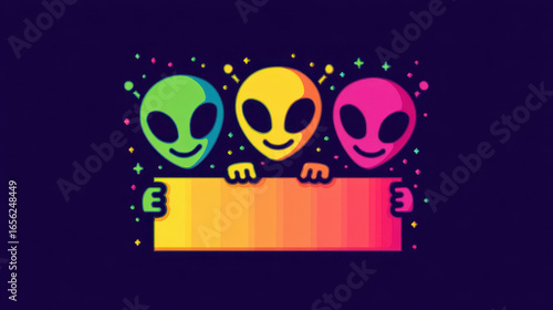 Three colorful cartoon style alien creatures with antennas holding bright gradient banner, playful and vibrant design on dark background