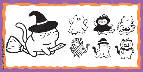 halloween cats in various costumes, cute halloween cats in witch, ghost, pumpkin, and mummy costumes flying and posing in cartoon style, perfect for stickers and party designs