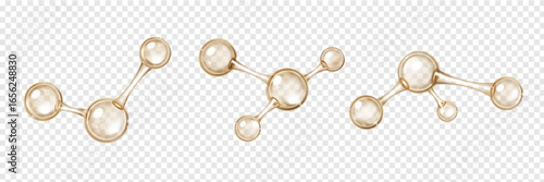 Glossy chemical molecules with atom connections - 3d spheres linked by bonds for science visualization. Transparent bubble particles in molecular chains for educational or cosmetic graphics.