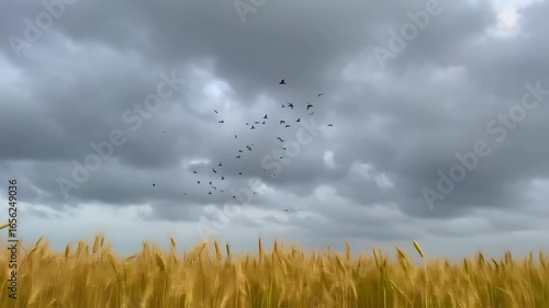 Flock of Birds Flying Over Wheat Field Cloudy Sky.
