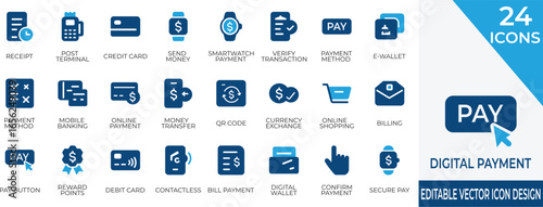 Vector icons representing modern digital payment systems and secure transactions. Perfect for  e-commerce platforms,  and banking visuals.