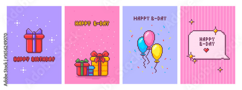 Pixel birthday greeting cards - retro 8 bit designs with gift boxes, colorful balloons and festive messages. Digital celebration templates with sparkles and decorative elements for party invitations