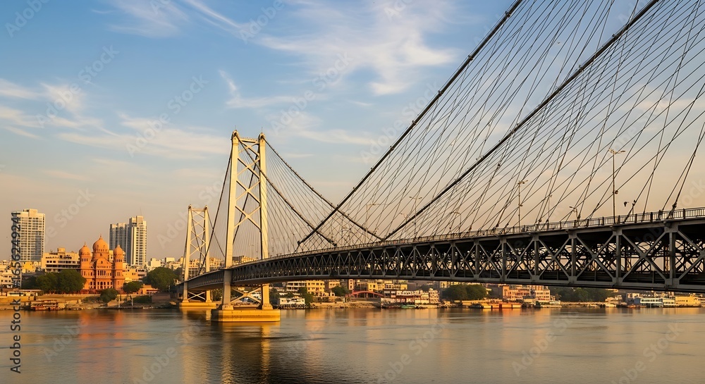 Fototapeta premium Majestic Cable-Stayed Bridge Spanning River at Sunrise, Cityscape Backdrop.