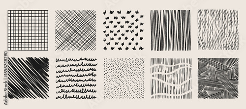 Crosshatch texture patterns set with hand drawn grid, diagonal lines and scribble marks for artistic backgrounds. Various hatching techniques - waves, dashes and geometric strokes for graphic design.