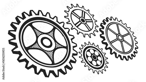 A dynamic arrangement of black and white gears interlocking and interacting in a mechanical composition