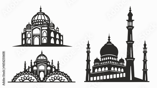 Collection of black silhouettes of iconic indian architecture including the taj mahal