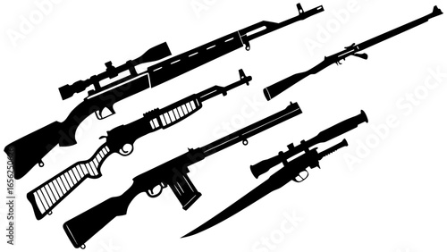 Collection of diverse rifle and firearm silhouettes displayed in a dynamic arrangement on a white background