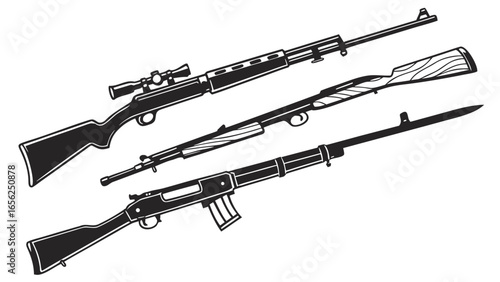 Wallpaper Mural Collection of three stylized black and white rifle silhouettes with different features including a scope and bayonet Torontodigital.ca