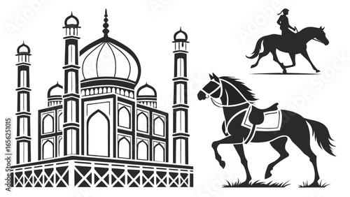 Iconic taj mahal monument with elegant horse and rider silhouettes in black and white