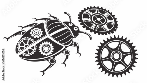 Intricate steampunk beetle illustration with gears and mechanical elements
