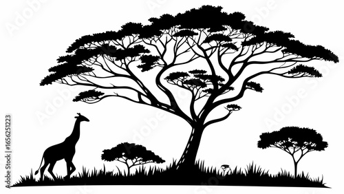 Silhouette of a giraffe walking under a large acacia tree in the african savanna landscape