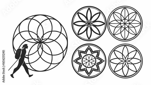 Silhouette of a hiker walking towards a large geometric seed of life pattern and floral mandalas