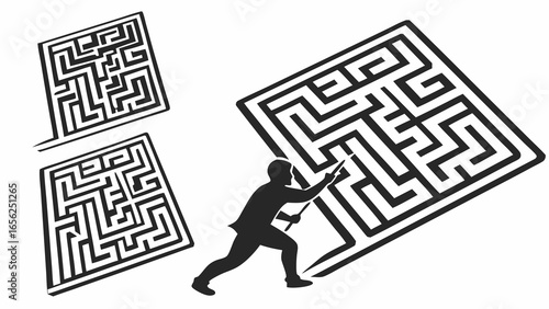 Silhouette of a man navigating a complex maze with a stick symbolizing problem solving and strategy