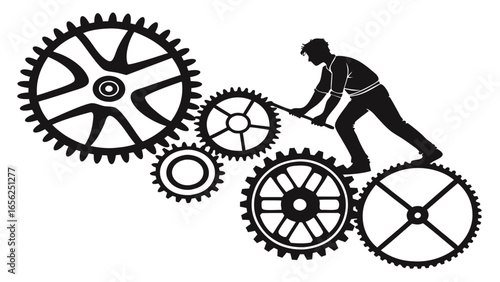 Silhouette of a man pushing a lever to turn a complex system of interlocking gears and cogs