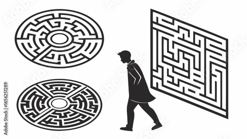 Silhouette of a man walking towards a complex maze with two circular mazes nearby