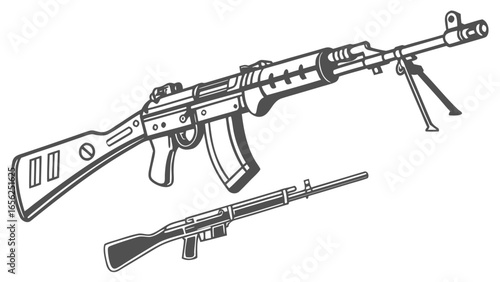 Stylized line art illustrations of two assault rifles with bipod and magazine