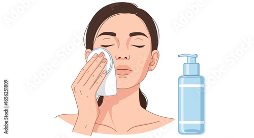 An illustration of a woman gently cleansing her face with a soft pad and a skincare product from a pump bottle, demonstrating a beauty routine.